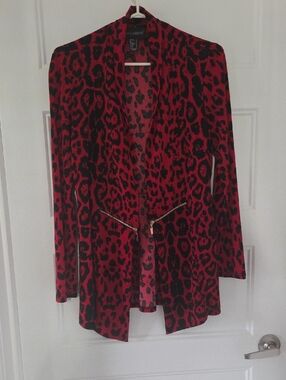 Frank Lyman Design Red and Black Leopard Print Open Blazer
